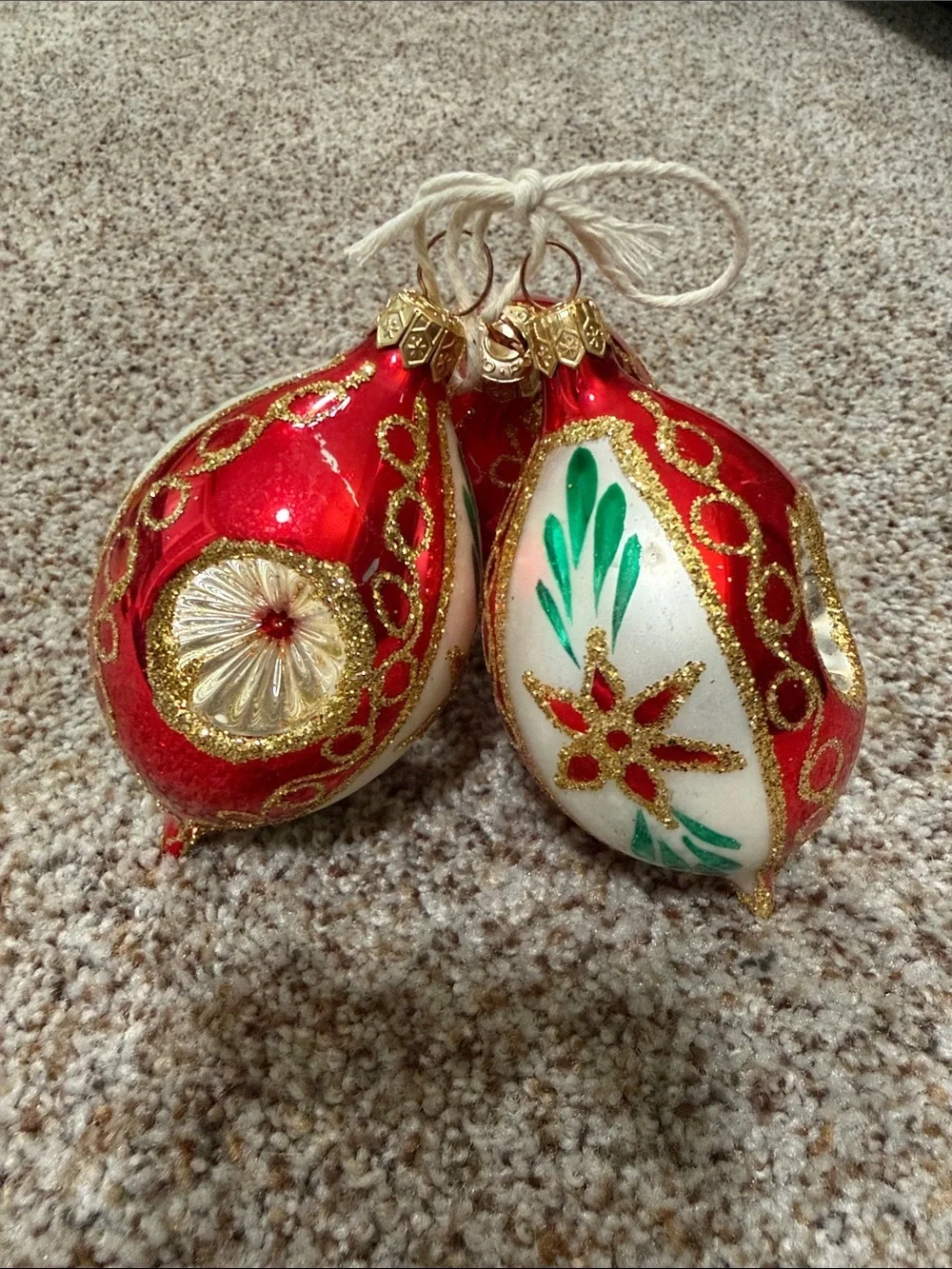 Vintage Polish Glass Christmas Ornaments Indented Reflector Red White 3PC Set
